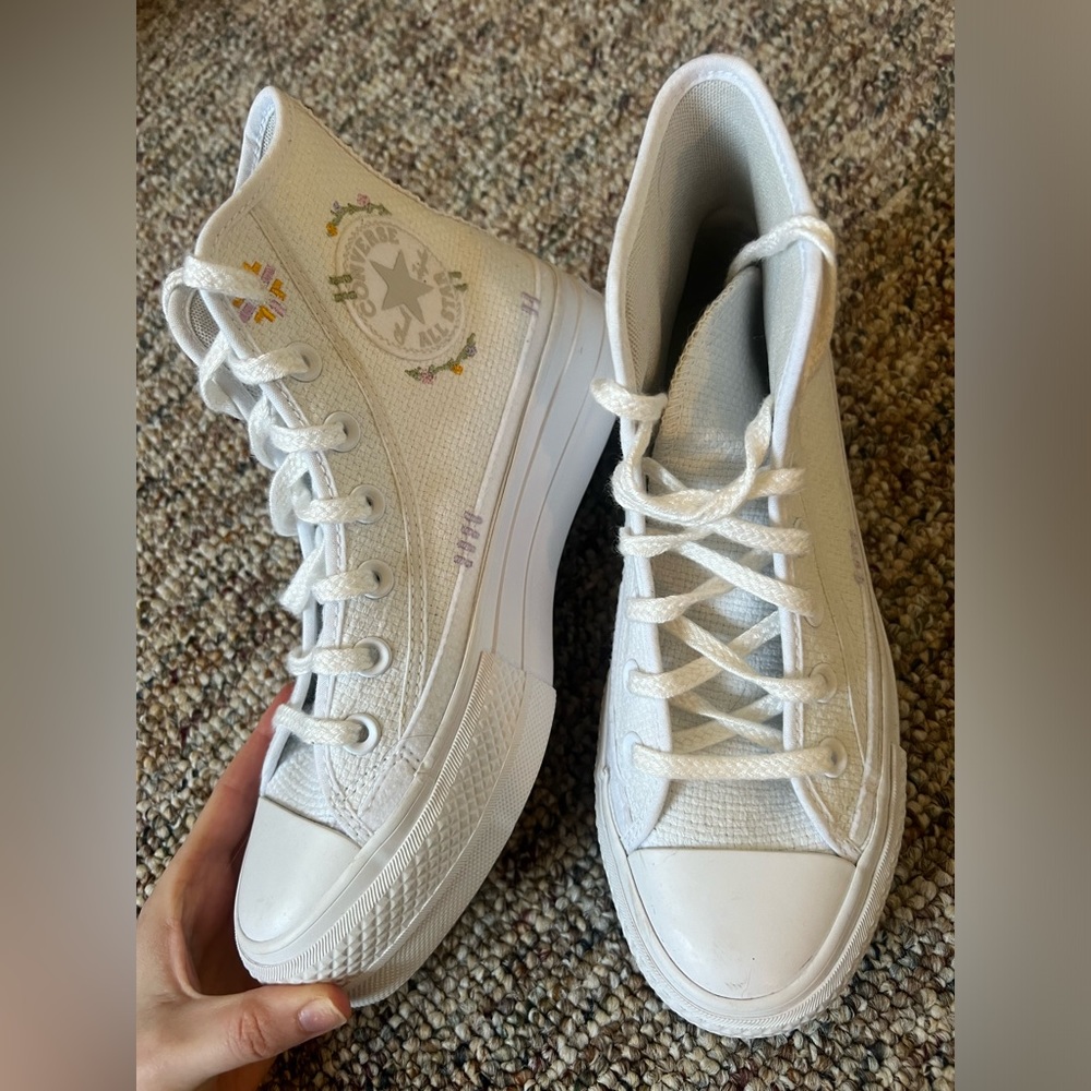 White Embroidered Flower Converse